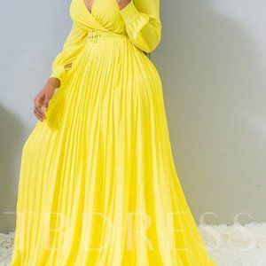 PLUS SIZE PLEATED V-NECK LANTERN SLEEVE DRESS
